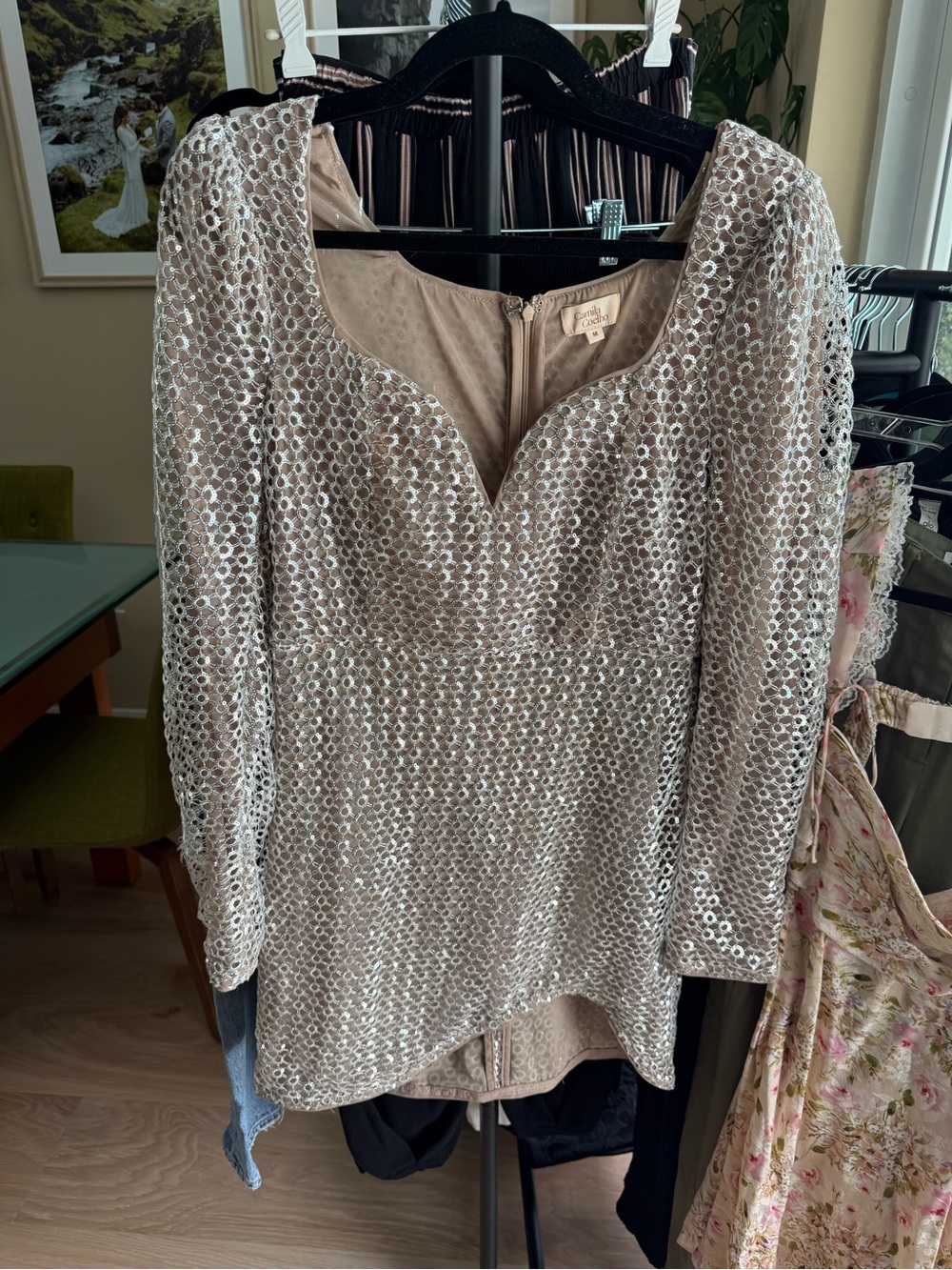 Camila Coelho Thalia Silver Sequin Scoop Neck Dress M